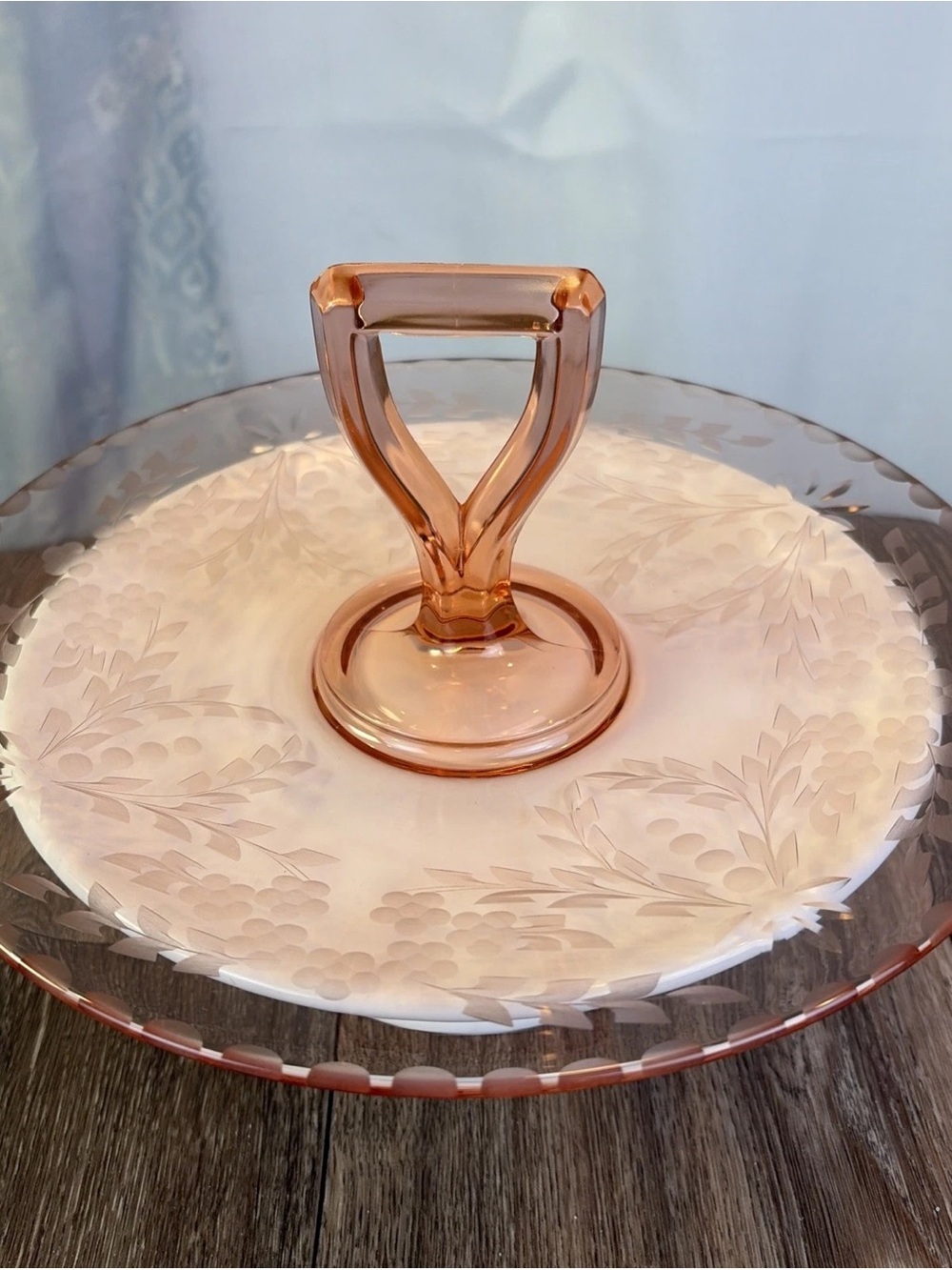 Pink Depression Glass Center Handle Floral Etched Serving Plate Tidbit Tray